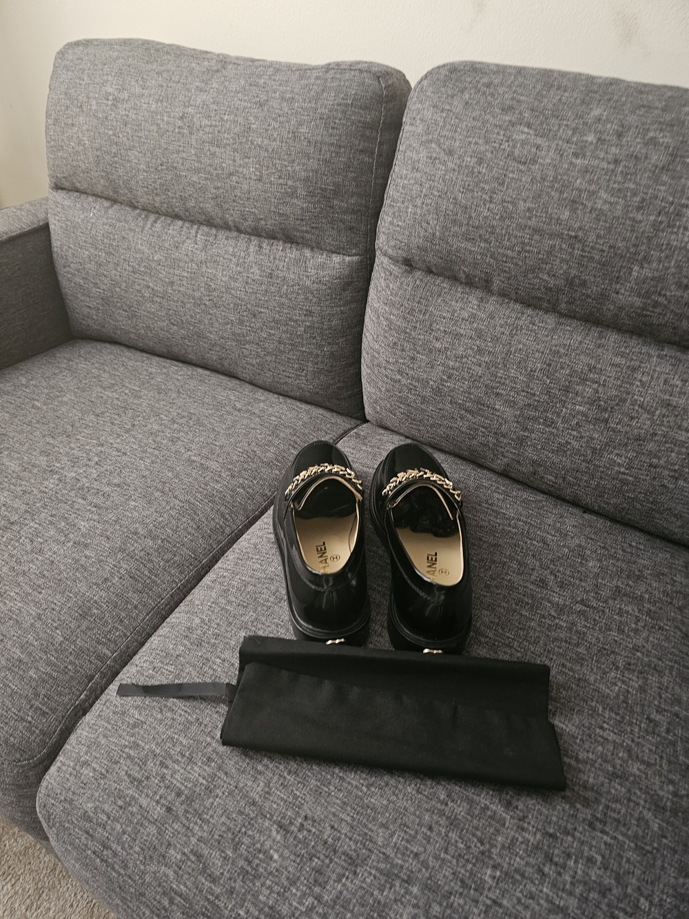 Chanel Black Patent Leather Chain-Trim Loafers